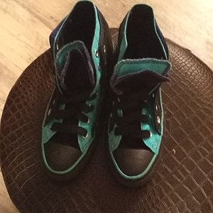 Black, teal and purple Converse with two tongues.Used on worn twice